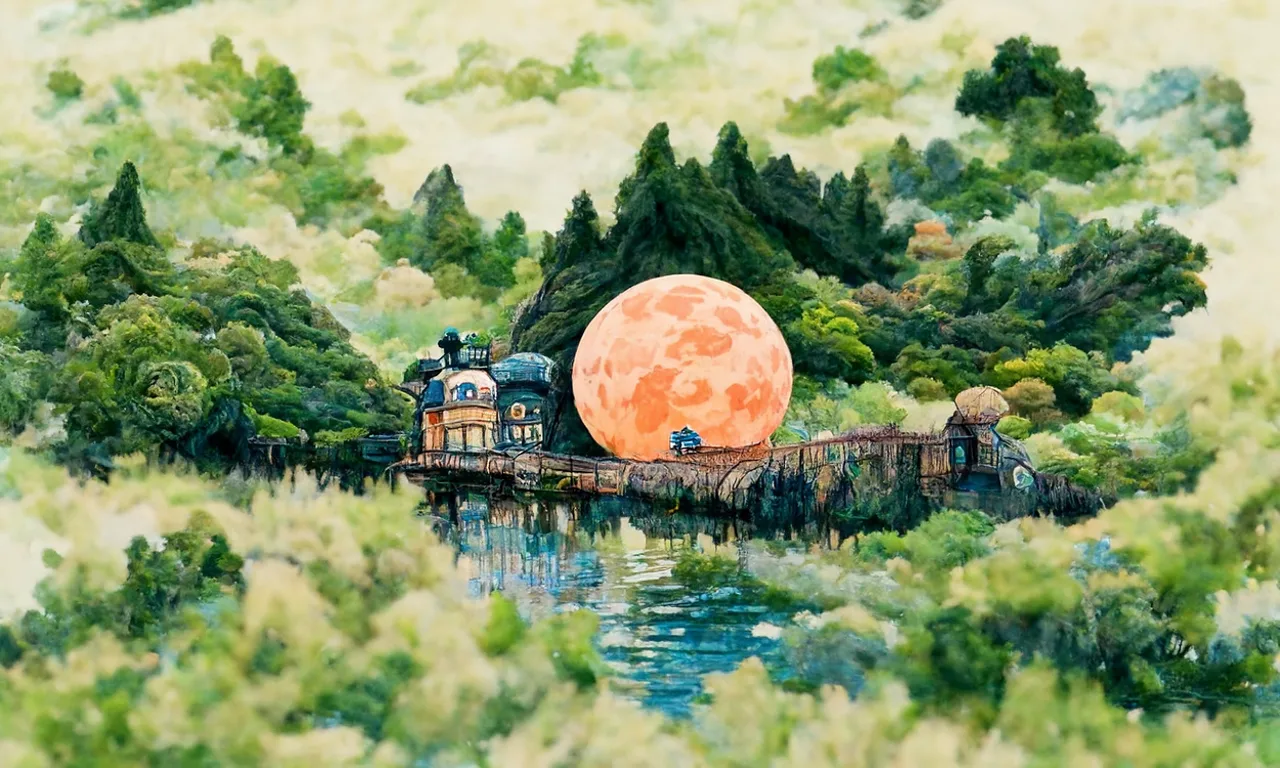 云雾山谷中，一轮橙色月亮落在水边建筑旁